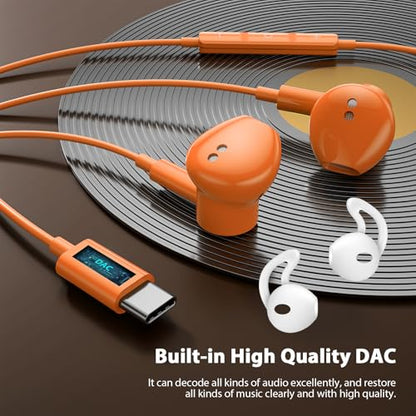 Jelanry Magnetic USB-C Wired Earbuds HiFi Stereo Headphones with Mic Orange - color: Orange