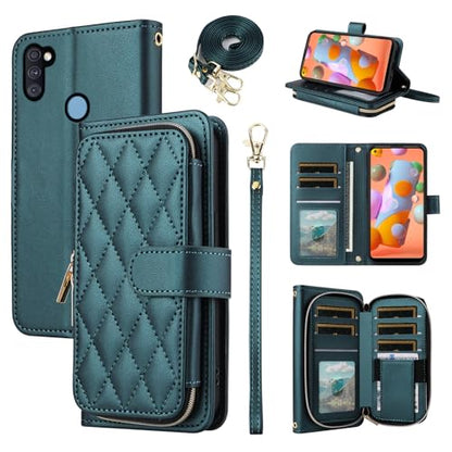 Argyle Wallet Case for Samsung Galaxy A11/M11 with Wrist Strap Shoulder Strap, 9+ Card Slots Zipper Purse Luxury PU Leather Stand Checkered Cell Phone Cover for A 11 11A Women Girls Green | Wrist/Shoulder Strap, 9+ Card Slots, Zipper Purse, Luxury PU Leat
