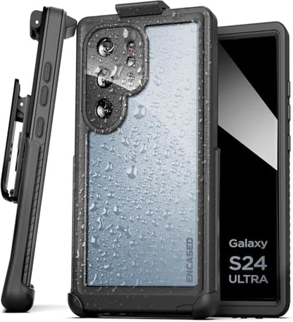 Encased Waterproof Belt Case Designed for Samsung Galaxy S24 Ultra - Full Body Protective Case with Screen Protector Built-in with Holster Clip (Clear/Black) - size: S24 Ultra