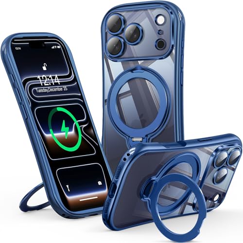 Reukdnv 360° Spin Magnetic Stand for iPhone 17 Pro Case [Full Camera Protection] [Fit for MagSafe] [Anti-Yellowing] Shockproof Protective Kickstand Plating TPU Cover for 17 Pro 6.3", Deep Blue - color: Blue, size: iPhone 17 Pro