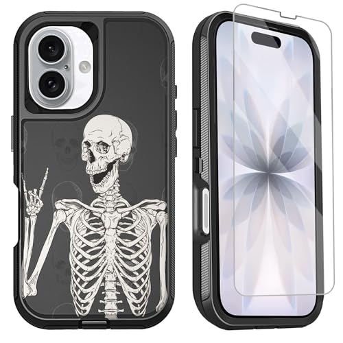 for iPhone 17 Case with Screen Protector Rock and Roll Skeleton Cool Design, Full Body Rugged Heavy Duty Shockproof Protective Phone Case for iPhone 17, Gothic Skull - color: Gray Black