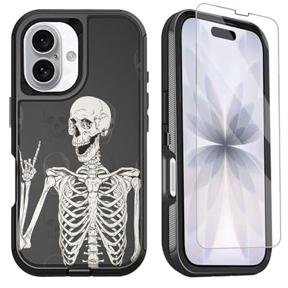 for iPhone 17 Case with Screen Protector Rock and Roll Skeleton Cool Design, Full Body Rugged Heavy Duty Shockproof Protective Phone Case for iPhone 17, Gothic Skull - color: Gray Black