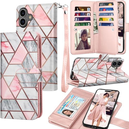 Tekcoo Wallet Case Compatible with iPhone 16 (6.1 inch) 2024 Luxury ID Cash Credit Card Slots Holder Carrying Pouch Folio Flip PU Leather Cover [Detachable Magnetic Hard Case] with Strap [Marble] - color: Marble, size: 16