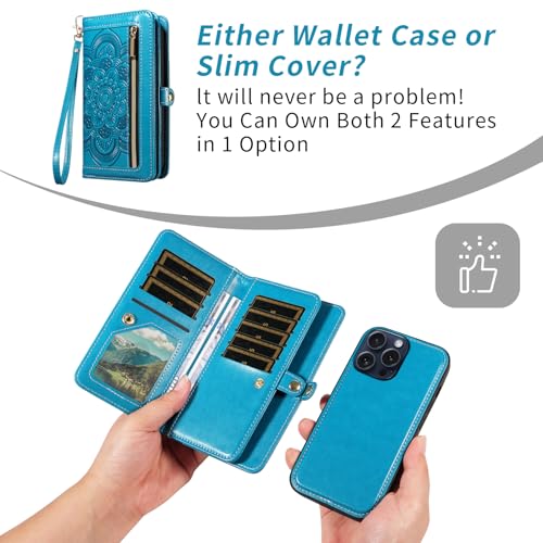 Asuwish Phone Case for iPhone 15 Pro 6.1 inch Zipper Wallet Magnetic Detachable Cell Cover with Tempered Glass Screen Protector Crossbody Strap Flower Credit Card Holder i Phone15 i15 15Pro Women Blue - color: Blue