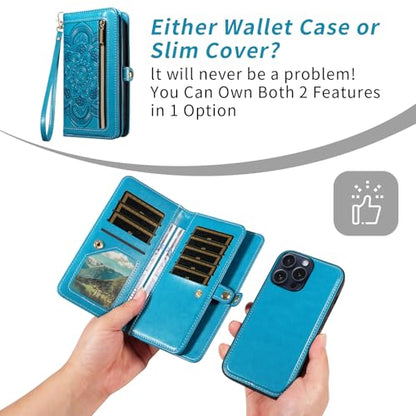 Asuwish Phone Case for iPhone 15 Pro 6.1 inch Zipper Wallet Magnetic Detachable Cell Cover with Tempered Glass Screen Protector Crossbody Strap Flower Credit Card Holder i Phone15 i15 15Pro Women Blue - color: Blue