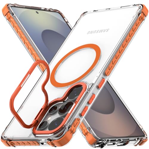 Nvollnoe for Samsung S25 Ultra Case Compatible with MagSafe Military Grade Shockproof Heavy Duty Protective Adjustable Kickstand Ultra Clear Magnetic Phone Case for Samsung S25 Ultra(Orange) - color: Clear-Orange
