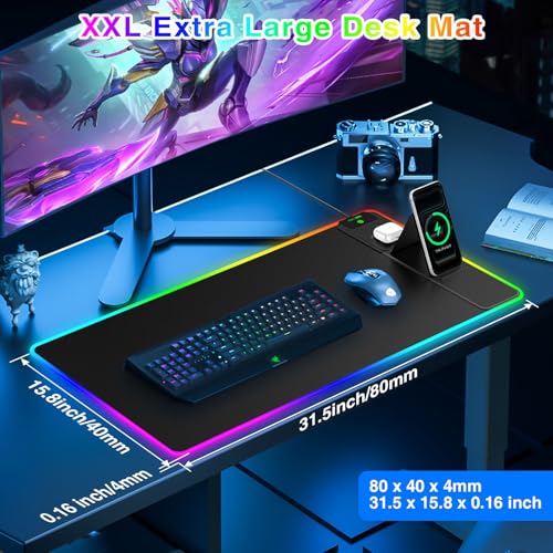 RGB Gaming Mouse Pad with Magnetic Wireless Charging & Foldable Phone Stand - color: RGB-Magnetic Stand-31.5"x15.8"-Right