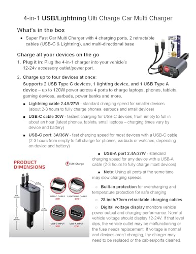 Ulti Charge iPhone Car Charger USB C Fast Charge Retractable 120W 4-Port - size: Retractable Lightning & USBC