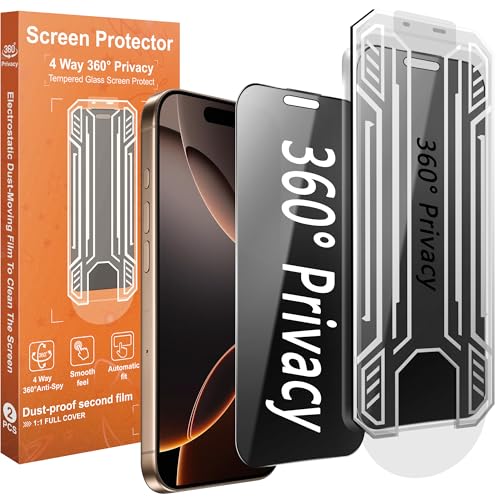 360° 4 Way Privacy Screen Protector for iPhone 16 Pro Max [2 Pack], Anti-Spy Tempered Glass, 9H Hardness Shatterproof, 3D Curved Edges, Case-Friendly, Bubble-Free Easy Installation - size: for iPhone 16 Pro Max