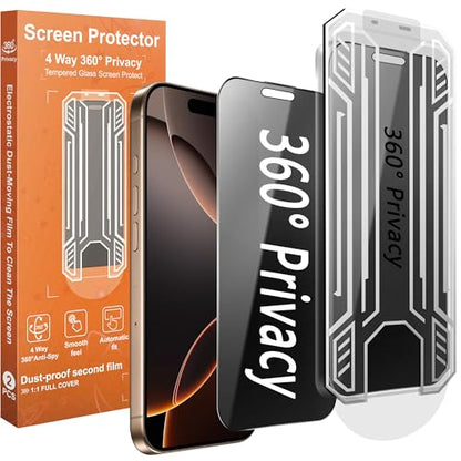 360° 4 Way Privacy Screen Protector for iPhone 16 Pro Max [2 Pack], Anti-Spy Tempered Glass, 9H Hardness Shatterproof, 3D Curved Edges, Case-Friendly, Bubble-Free Easy Installation - size: for iPhone 16 Pro Max