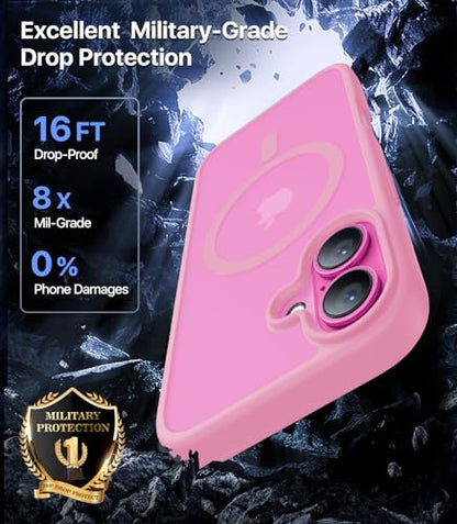 CAHEJILU Magnetic for iPhone 16 Case,[Compatible with MagSafe][Military Grade Drop Protection] Anti-Fingerprint Translucent Matte Shockproof Protective Case for iPhone 16 Phone Case 6.1",Pink - color: A8-Pink