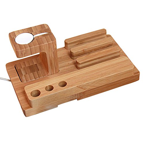 Bamboo Wood Multi-Device Desktop Charging Dock Station Charger Holder Cradle Charge Stand for iPhone 16 15 14 13 12 11 Pro Max iWatch 2 3 4 5 Compatible with iPad Mini Air Pro 2 3 Smartphones