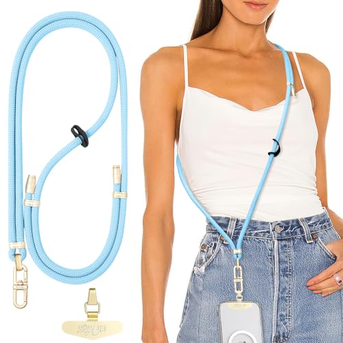 Adjustable Anti-Theft Phone Lanyard Neck & Crossbody Strap with 0.2mm Metal Tab & Comfort-Fit 8mm Rope(Sky Blue) - color: Sky Blue