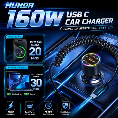 USB C Car Charger Fast Charging,HUNDA Dual USB Car Charger with PD 30W Fast Charger for iPhone 15/15 pro/15 Pro Max,Galaxy s24/s23/s22 ect (160W)