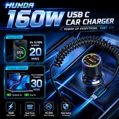 USB C Car Charger Fast Charging,HUNDA Dual USB Car Charger with PD 30W Fast Charger for iPhone 15/15 pro/15 Pro Max,Galaxy s24/s23/s22 ect (160W)