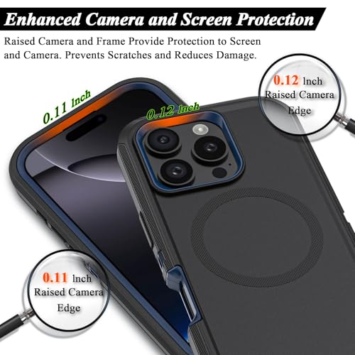 Compatible with iPhone 16 Pro Max Case, with Belt Clip Holster Heavy Duty Magnetic Wireless Charging Full Body Protection Kickstand Cover for iPhone 16 Pro Max 6.9 inch Phone(Black+Blue) - color: Black+Blue