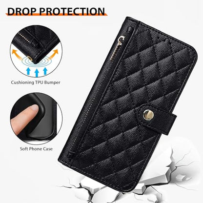 Wallet Phone Case Crafted for iPhone 17 Black | Women Wallet Flip Case Cover Wrist Strap Zipper Credit Card Holder Slots PU Leather - color: Black, size: iPhone 17