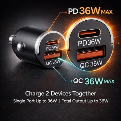USB C Car Charger Fast Charging, 36W Dual Port Car Charger Adapter, PD 36W USB C & QC USB A, Mini Aluminum Car Charger for iPhone 17/16/15, Samsung, Huawei, iPad, AirPods