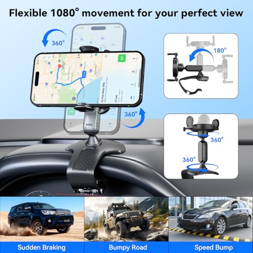 Universal 360° Dashboard Phone Holder – Clip-On Car Phone Mount with One-Push Lock, Fits 4–7 Inch Smartphones, No Adhesive, Multi-Mount for Dashboard, Sun Visor, or Rearview Mirror (Black)
