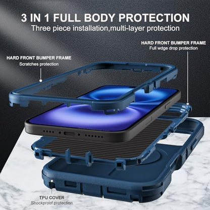 YKHJKLEC for iPhone 16 Case, Military Grade 3 in 1 Heavy Duty Shockproof/Drop Proof/Dust Proof with Kickstand Case, with 2 x Tempered Glass Screen Protector & 1 x Wrist Strap (ZJ-Navy Blue) - color: ZJ-Navy Blue