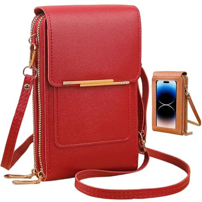 Women's Touch Screen Mobile Phone Messenger Bag, RFID Leather Crossbody Wallet Purse, Anti-Theft Shoulder Strap - color: Red