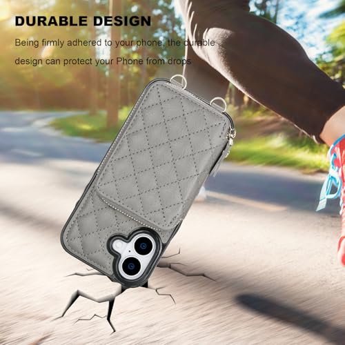 Bocasal Crossbody Wallet Case Card Holder for iPhone 17, Grey | RFID Blocking PU Leather Zipper Handbag Purse, Kickstand Flip Folio Case with Card Slots Holder Wrist Strap Lanyard 6.3 Inch - color: Gray
