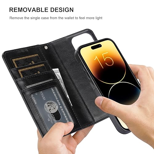 Bocasal Detachable Wallet Case Card Holder for iPhone 15 Pro, Black | RFID Blocking Kickstand Card Slots Holder PU Leather Magnetic Shockproof Wrist Strap Removable Flip Protective Cover 6.1 inch - color: Black
