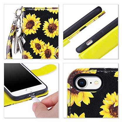 ULAK for iPhone SE 3(2022)/SE(2020)/8/7 Wallet Case Card Holder, Sunflower | Premium PU Leather Flip Case with Kickstand Card Slots,RFID Blocking,Wrist Strap, Durable Shockproof Cover 4.7 Inch - color: Sunflower
