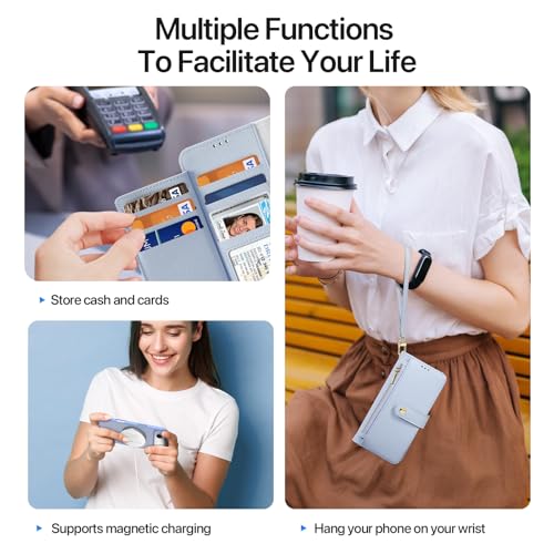 for iPhone Air Wallet Case, Detachable iPhone 17 Air Case Wallet | Compatible with Magsafe, RFID Blocking, Zipper Card Holder, PU Leather Flip Folio Case, Strap Wallet Case - color: Blue, size: iPhone 17 Air