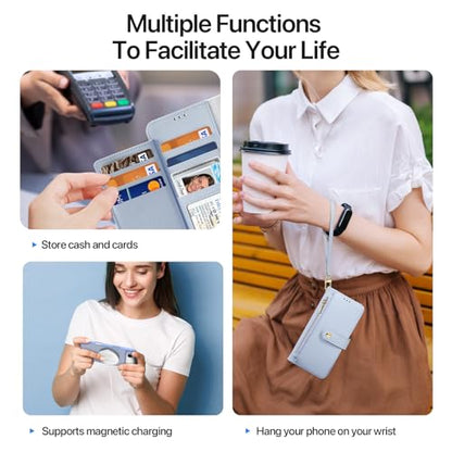 for iPhone Air Wallet Case, Detachable iPhone 17 Air Case Wallet | Compatible with Magsafe, RFID Blocking, Zipper Card Holder, PU Leather Flip Folio Case, Strap Wallet Case - color: Blue, size: iPhone 17 Air