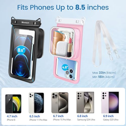 Niveaya [Floatable Floating Waterproof Phone Pouch 2 Pack-Up to 8.5", Large Space Adjustable Neck Lanyard Waterproof Phone Case, Phone Dry Bags for Vacation Beach Pool Kayak Cruise Travel Essentials - color: Black + Pink