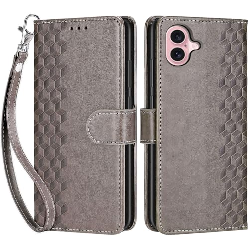Wallet Case for iPhone 16, Gray Cube | Women Flip Folio Cover, Embossed PU Leather, Stand, Credit Card Holders Slots, Wrist Strap - color: 2