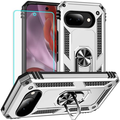 Yiakeng for Google Pixel 9A Case: with Screen Protector - Military Grade Protective Cases with Finger Ring Holder Kickstand for Pixel 9A(Silvery) - color: Silvery, size: Google Pixel 9A Case