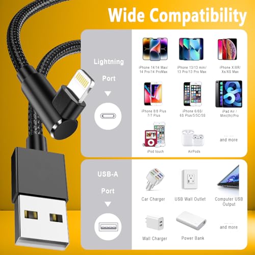 SHUSEL iPhone Charger Cord 6ft - Braided USB to Lightning Cable 90 Degree