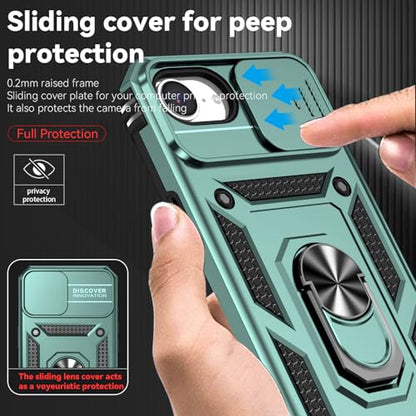 for iPhone 17E / iPhone 16E Case, with Camera Lens Cover Screen Protector, Dual Layer Military-Grade Drop Tested Magnetic Ring Holder Kickstand Protective Phone Case for iPhone 16E / 17E (Dark Green) - color: Dark Green w/ camera cover Military-Grade 2nd