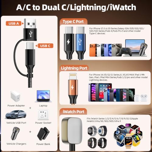 Cruise Essentials 2026, 4 in 2 Multi Charging Cable for Apple Watch Charger - color: Black&Blue&Coffee, size: AC to 2C+L+iWatch