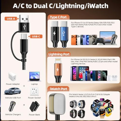 Travel Essentials 4 in 2 Multi Charging Cable for iWatch Charger 2Pack,5FT - color: Black&Green&Coffee, size: AC to 2C+L+iWatch