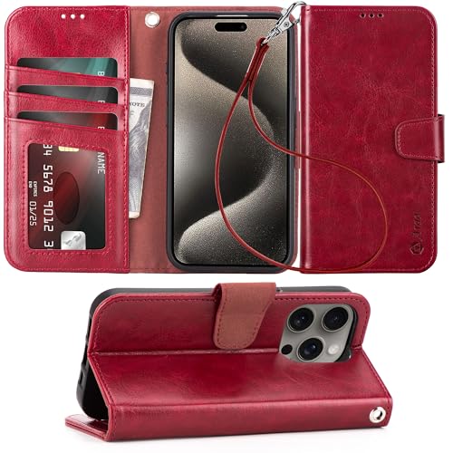 Arae Compatible with iPhone 15 Pro Case with Card Holder and Wrist Strap Wallet Flip Cover for iPhone 15 Pro 6.1 inch,Wine Red - color: Wine Red, size: iPhone 15 Pro 6.1 inch