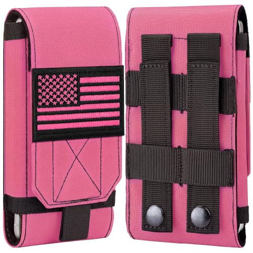 Tactical Molle Phone Cover Case, Heavy Duty Loop Belt Holster Pouch with Flag Patch for iPhone 17 Pro Max/Air/17 Pro/17/16 Pro Max/15 Pro Max/14 Pro Max/13 Pro Max (Hot Pink) - color: Hot Pink