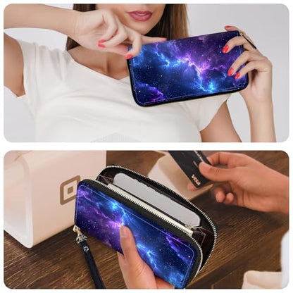 Ladies Wallet,Clutch Purses for Women Wallets Leather Credit Card Holder for Women Wristlet Slim Small Cute with Zipper,Thin RFID Blocking with Wrist Strap,Blue Purple Galaxy - color: Blue Purple Galaxy