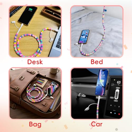 IIIZ 4-in-1 Beaded Charger 65W USB C Carplay Cable for iPhone Duo/18/Galaxy - color: Colorful