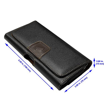 Leather Cell Phone Holster for T-Mobile REVVLRY+, REVVL 4, AT&T Fusion Z, Motivate, Jitterbug Smart3, Kyocera DuraSport 5G - Horizontal Case Waist Carrying Pouch with BeltClip/Loops, Black - size: Medium