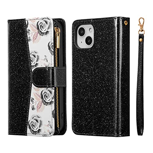 UEEBAI Wallet Case for iPhone 13 - PU Leather Magnetic Closure Handbag With Zipper Pocket, Kickstand, Card Slots and Hand Strap - Bling Black Flip Case for Women - color: Bling Black