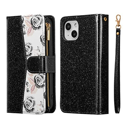 UEEBAI Wallet Case for iPhone 13 - PU Leather Magnetic Closure Handbag With Zipper Pocket, Kickstand, Card Slots and Hand Strap - Bling Black Flip Case for Women - color: Bling Black