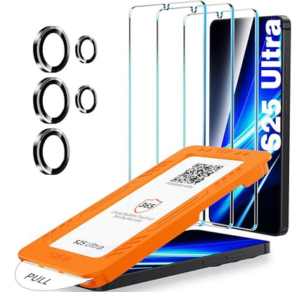 letosan 3 Pack for Samsung Galaxy S25 ultra Screen Protector Tempered Glass + 1 Set Camera Lens Protector, Military Grade Shatterproof, 9H+ Hardness, Auto Alignment Frame 6.9 Inch - size: Galaxy S25 Ultra 6.9 Inch