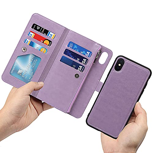 iCoverCase for iPhone X/XS Wallet Case with Card Holder and Wrist Strap, PU Leather Kickstand Card Slots Zipper Pocket Magnetic [Detachable] Flip Cover Case 5.8 Inch (Purple) - color: Purple