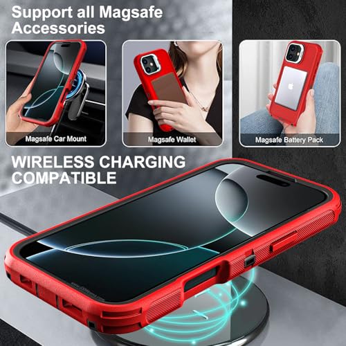 YKHJKLEC for iPhone 16 Pro Case, Military Grade 3 in 1 Heavy Duty Shockproof/Drop Proof/Dust Proof with Kickstand Case, with 2 x Tempered Glass Screen Protector & 1 x Wrist Strap (ZJ-Red/Black) - color: ZJ-Red/Black