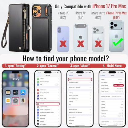 Defencase for iPhone 17 Pro Max Case Wallet Compatible with Magsafe, Black | Drop-Proof Magnetic Detachable Phone Cases Cover, with RFID Bolcking Card Holder, Zipper Strap, PU Leather, Removable Wallet - color: (Detachable with Magsafe)-Black