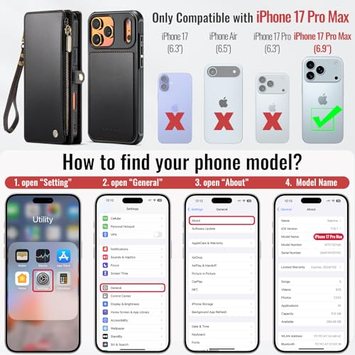 Defencase for iPhone 17 Pro Max Case Wallet Compatible with Magsafe, Black | Drop-Proof Magnetic Detachable Phone Cases Cover, with RFID Bolcking Card Holder, Zipper Strap, PU Leather, Removable Wallet - color: (Detachable with Magsafe)-Black