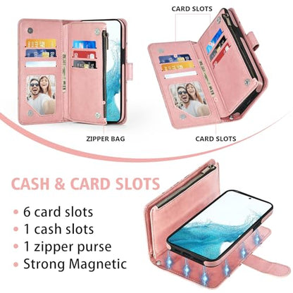 Asuwish Phone Case for Samsung Galaxy S22 5G Zipper Wallet Detachable Cell Cover with Tempered Glass Screen Protector Crossbody Strap Flower Card Holder S 22 22S 4G G5 6.1 inch Women Girls Rose Gold - color: Rose Gold